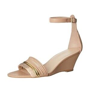 Loeffler Randall Addie Genuine Leather Gold Metallic Ankle Strap Wedge Heels 7.5